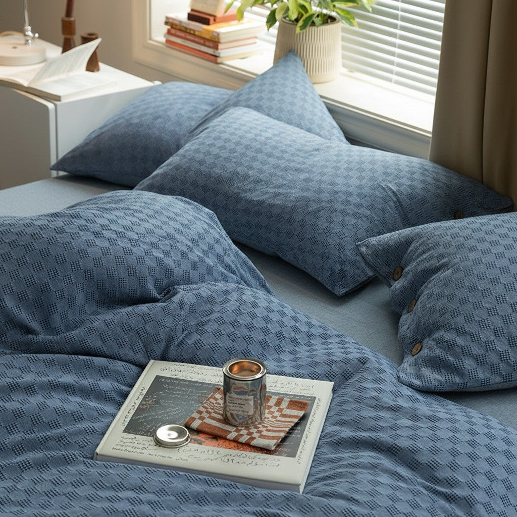 300TC Washed Cotton Checkerboard Jacquard Fitted Suite: Includes Complimentary Mulberry Silk Insert