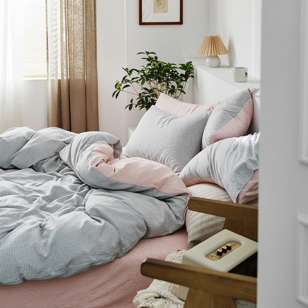 Fine Stripe Cotton Jersey 4-Piece Bedding Set | Deep Fit 14" (35cm)