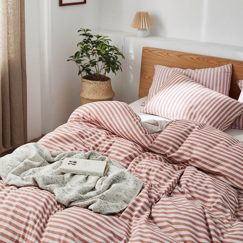 Fine Stripe Cotton Jersey 4-Piece Bedding Set | Deep Fit 14" (35cm)