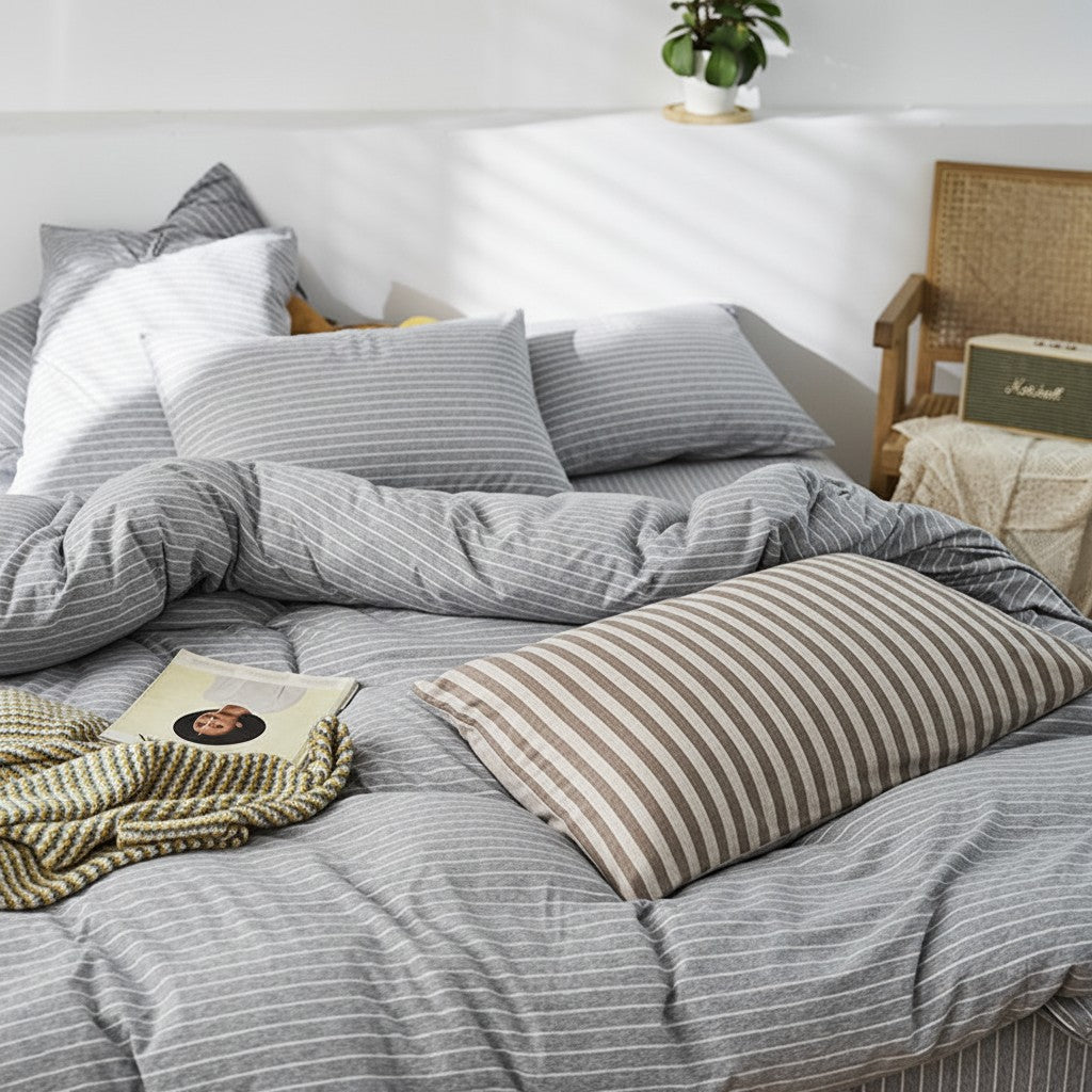 Fine Stripe Cotton Jersey 4-Piece Bedding Set | Deep Fit 14" (35cm)