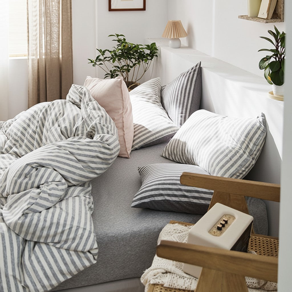 Fine Stripe Cotton Jersey 4-Piece Bedding Set | Deep Fit 14" (35cm)