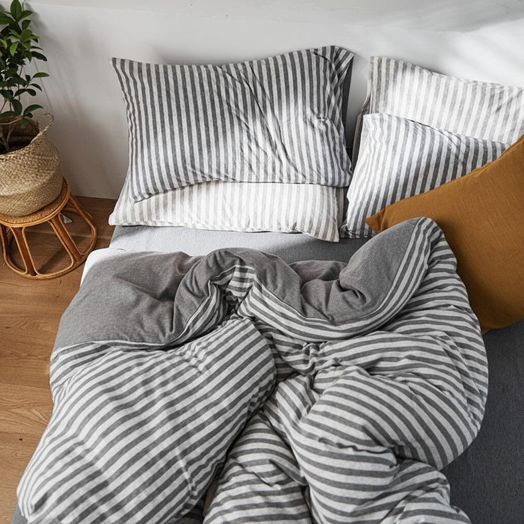 Fine Stripe Cotton Jersey 4-Piece Bedding Set | Deep Fit 14" (35cm)