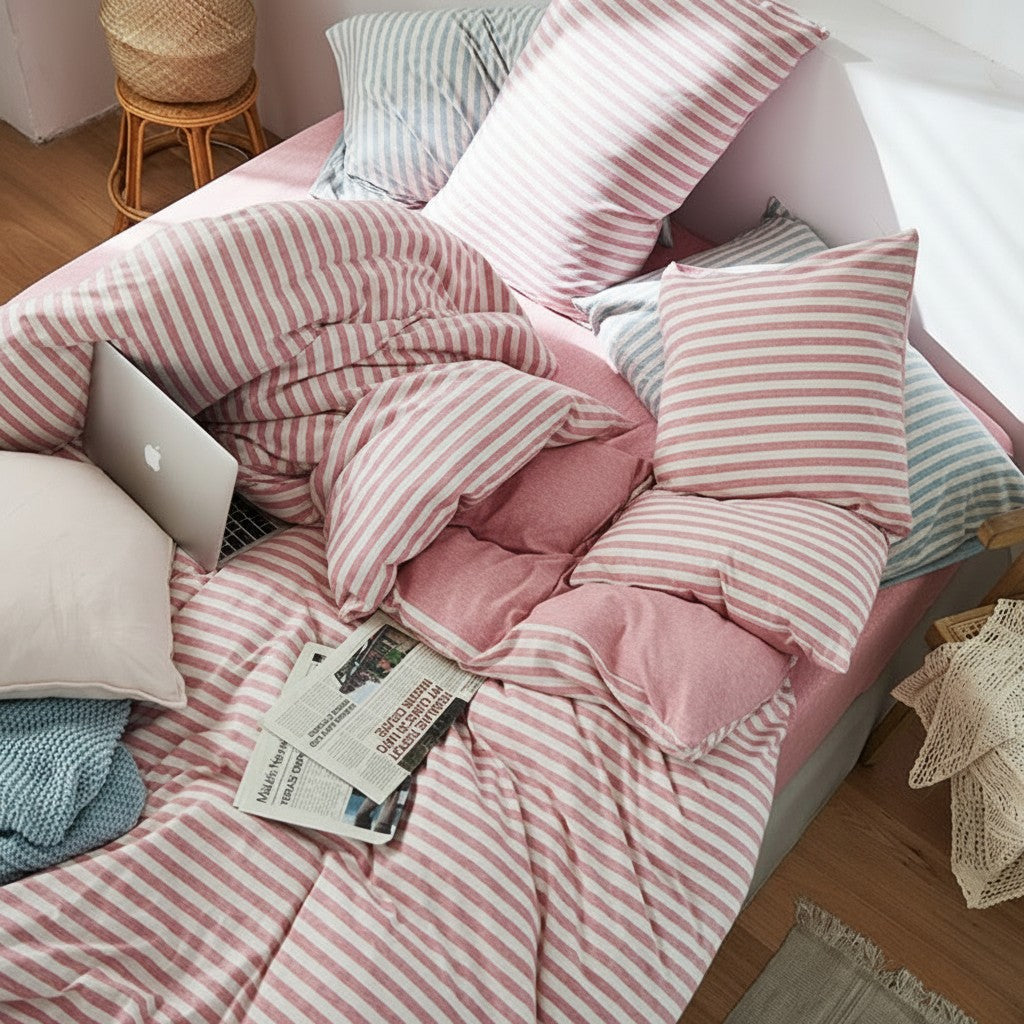 Fine Stripe Cotton Jersey 4-Piece Bedding Set | Deep Fit 14" (35cm)
