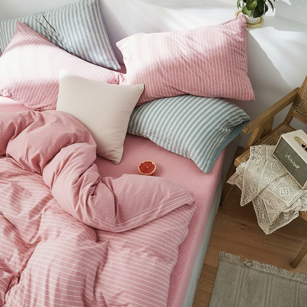 Fine Stripe Cotton Jersey 4-Piece Bedding Set | Deep Fit 14" (35cm)