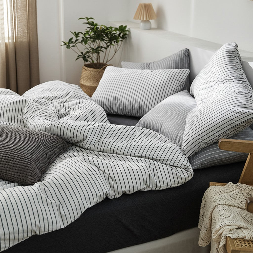 Fine Stripe Cotton Jersey 4-Piece Bedding Set | Deep Fit 14" (35cm)