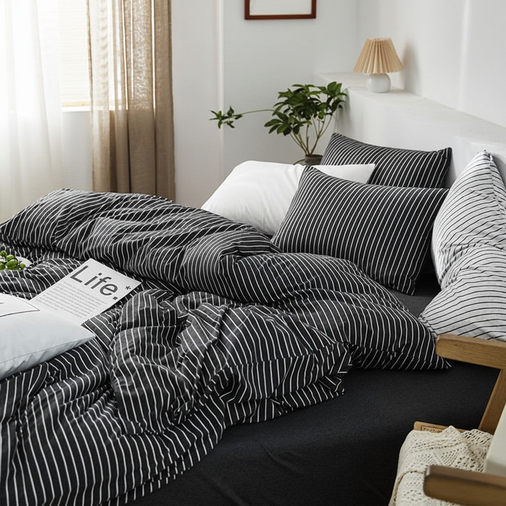Fine Stripe Cotton Jersey 4-Piece Bedding Set | Deep Fit 14" (35cm)