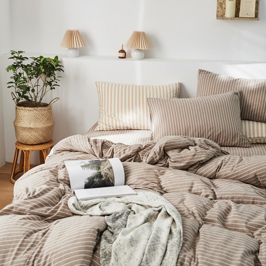 Fine Stripe Cotton Jersey 4-Piece Bedding Set | Deep Fit 14" (35cm)