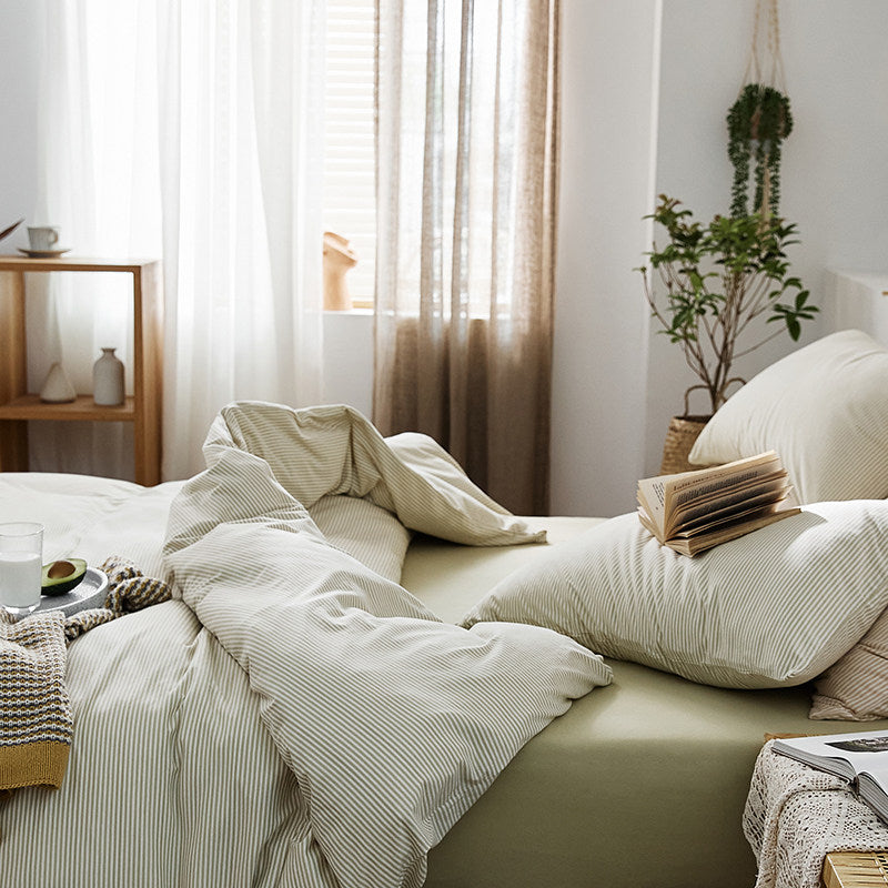 Fine Stripe Cotton Jersey 4-Piece Bedding Set | Deep Fit 14" (35cm)