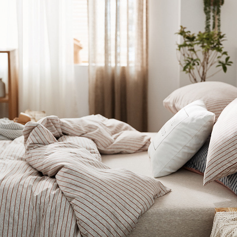 Fine Stripe Cotton Jersey 4-Piece Bedding Set | Deep Fit 14" (35cm)